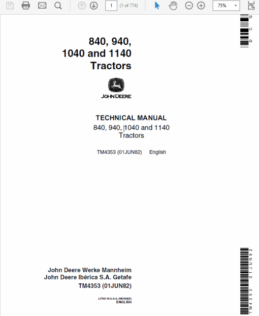 John Deere 840, 940, 1040, 1140 Tractors Technical Manual (TM4353)