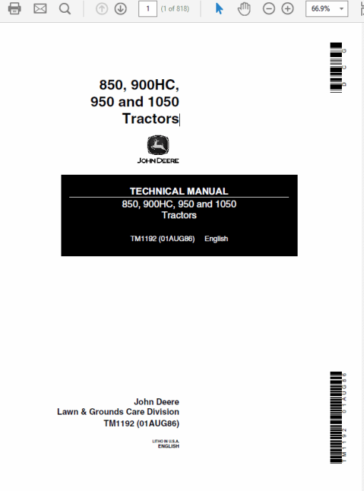 John Deere 850, 900HC, 950, 1050 Tractors Technical Manual (TM1192)