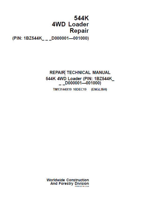 John Deere 544K 4WD Loader Technical Manual (SN. D000001 - D001000)