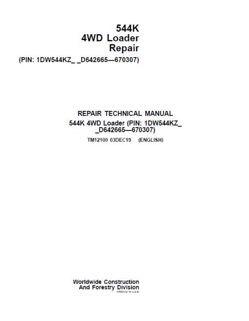 John Deere 544K 4WD Loader Technical Manual (SN. D642665 - D670307)