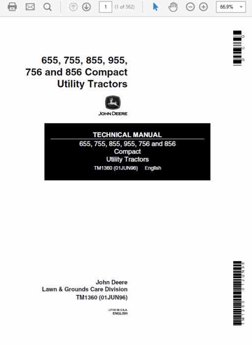 John Deere 655, 755, 855, 955, 756 and 856 Compact Tractors (TM1360)