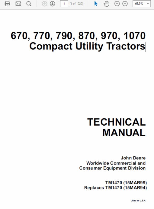 John Deere 670, 770, 790, 870, 970, 1070 Compact Utility Tractor Technical Manual (TM1470)