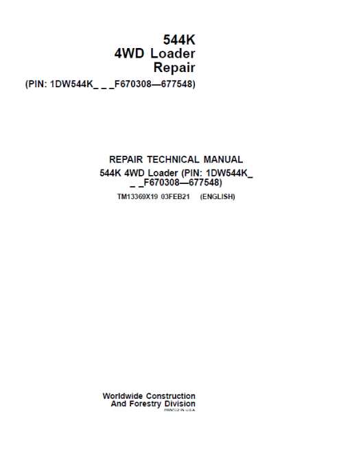 John Deere 544K 4WD Loader Technical Manual (SN. F670308 - F677548)