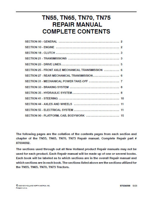 New Holland TN55, TN65, TN70, TN75 Tractor Repair Service Manual