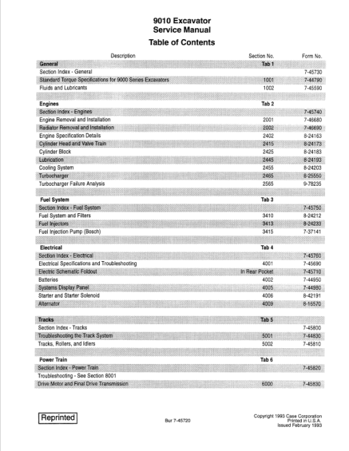 Case 9010 Excavator Service Manual