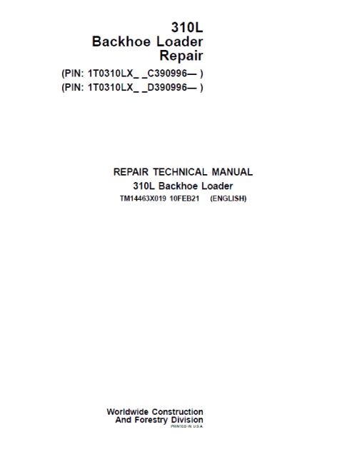 John Deere 310L Backhoe Loader Repair Technical Manual (S.N after C390996 & D390996 - )