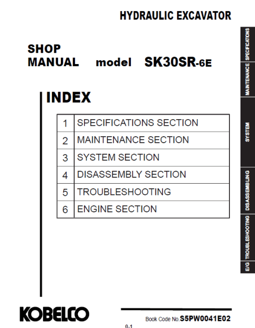 Kobelco SK30SR-6E Hydraulic Excavator Repair Service Manual