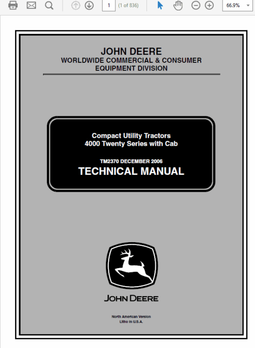 John Deere 4120, 4320, 4520, 4720 Compact Utility Tractor Technical Manual (With Cab)