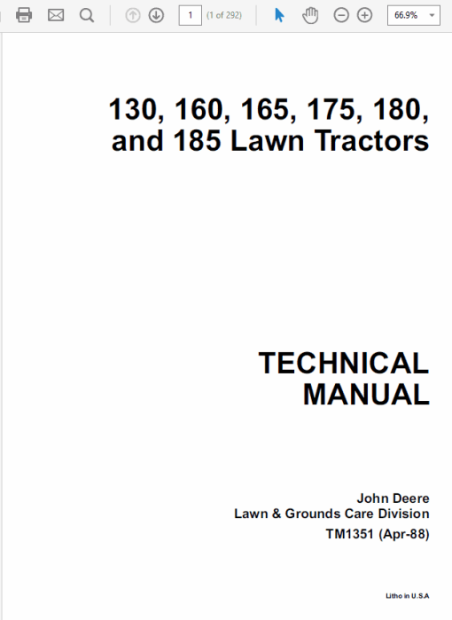 John Deere 130, 160, 165, 175, 180, 185 Lawn Tractors Technical Manual