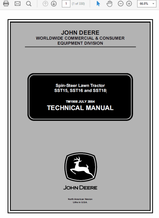 John Deere SST15, SST16, SST18 Lawn Tractor Technical Manual (TM1908)