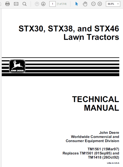 John Deere STX30, STX38, STX46 Lawn Tractors Technical Manual