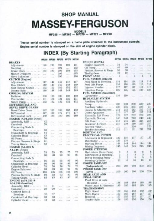 Massey Ferguson MF 255, MF 265, MF 270, MF 275, MF 290 Tractor Service Manual