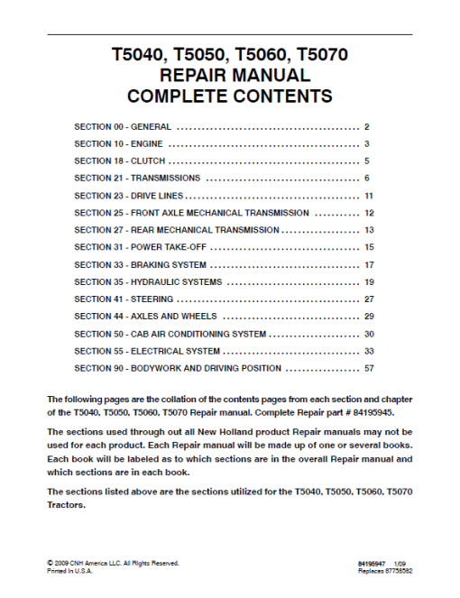 New Holland T5030, T5040, T5050, T5060, T5070 Tractor Service Manual - Image 2