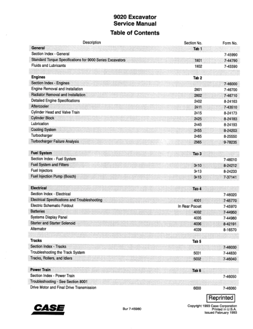 Case 9020 Excavator Service Manual