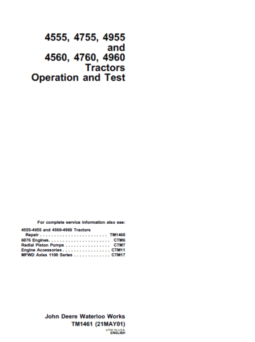 John Deere 4555, 4755, 4955 Tractors Repair Technical Manual