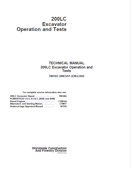 John Deere 200LC Excavator Repair Technical Manual