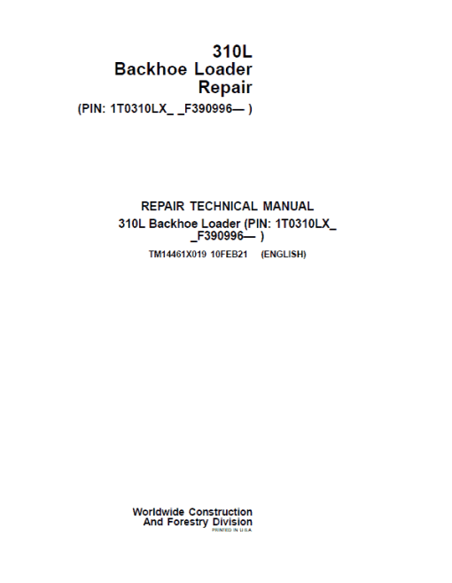 John Deere 310L Backhoe Loader Repair Technical Manual (S.N after F390996 -)