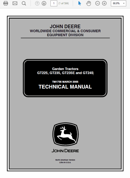 John Deere GT225, GT235, GT235E, GT245 Garden Tractors Technical Manual (TM1756)