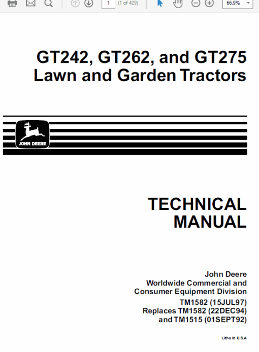 John Deere GT242, GT262, GT275 Lawn Garden Tractors Technical Manual (TM1582)