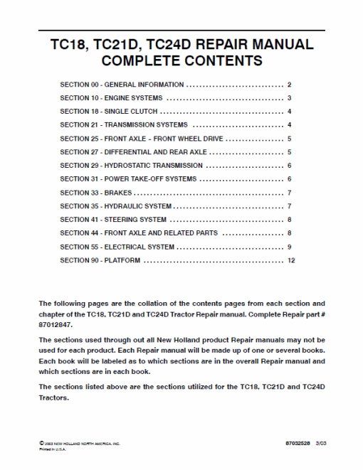 New Holland TC18, TC18D, TC21D, TD24D Tractor Service Manual