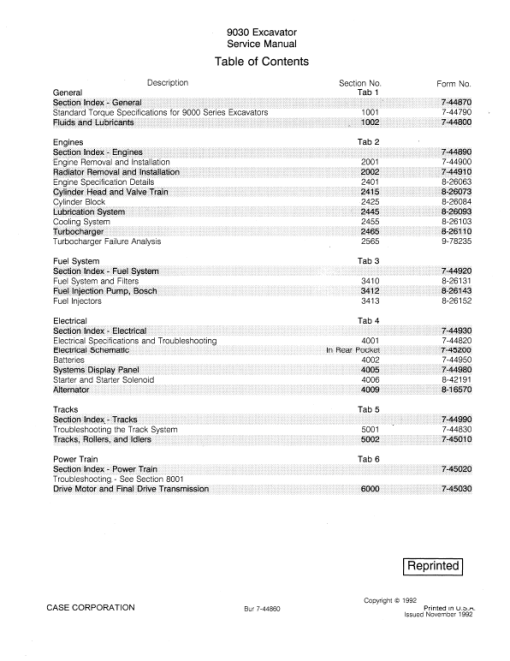 Case 9030 Excavator Service Manual