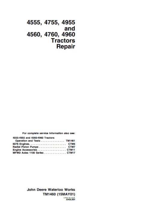 John Deere 4560, 4760, 4960 Tractors Repair Technical Manual