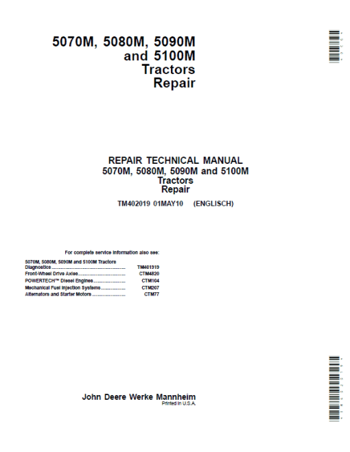 John Deere 5070M, 5080M, 5090M, 5100M Tractors Repair Technical Manual (EU)