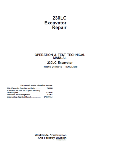 John Deere 230LC Excavator Repair Technical Manual