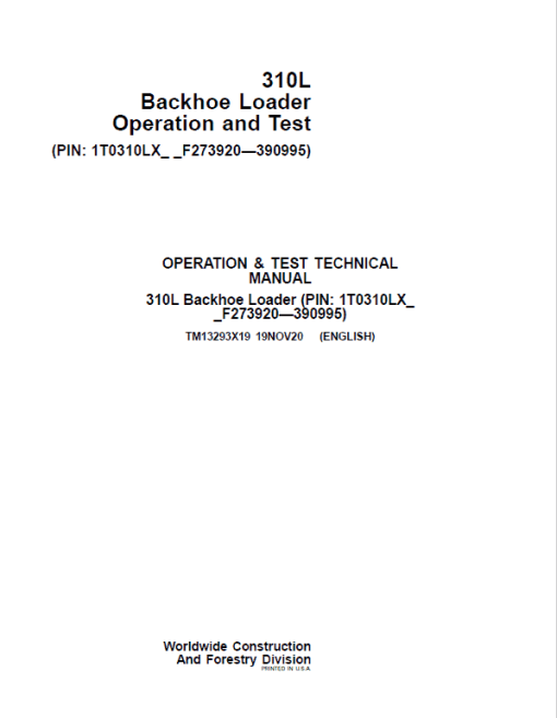 John Deere 310L Backhoe Loader Repair Technical Manual (S.N F273920 - F390995)