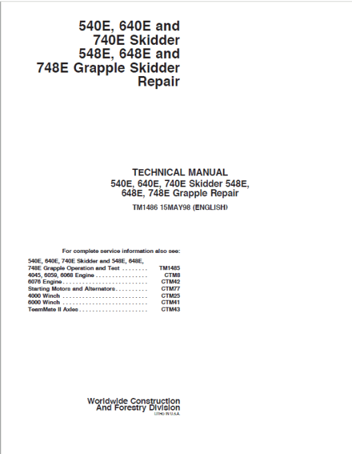 John Deere 540E, 640E, 740E Skidder Repair Technical Manual