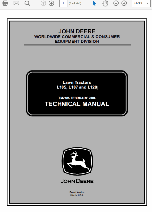 John Deere L105, L107, L120 Lawn Tractor Technical Manual (TM2185)