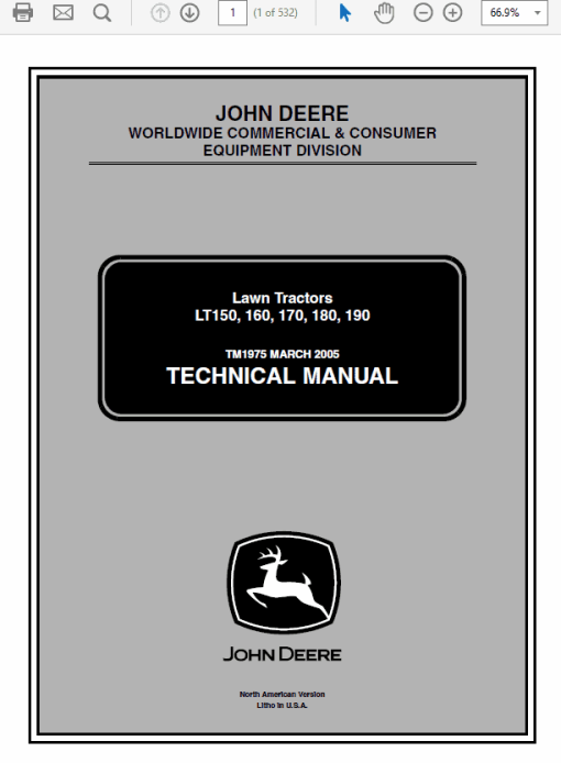 John Deere LT150, LT160, LT170, LT180, LT190 Lawn Tractors Technical Manual (TM1975)