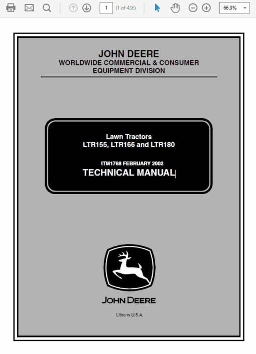 John Deere LTR155, LTR166, LTR180 Lawn Tractors Technical Manual (TM1768)