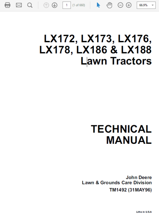 John Deere LX172, LX173, LX176, LX178, LX186, LX188 Lawn Tractor Technical Manual