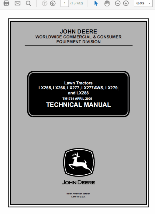 John Deere LX255, LX266, LX277, LX277AWS, LX279, LX288 Technical Manual (TM1754)