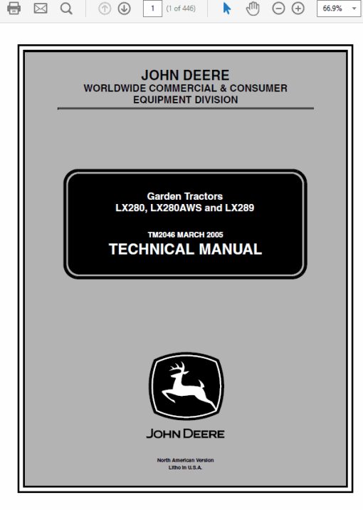 John Deere LX280, LX280AWS and LX289 Garden Tractors Technical Manual (TM2046)