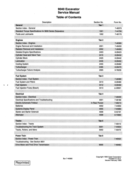 Case 9040 Excavator Service Manual