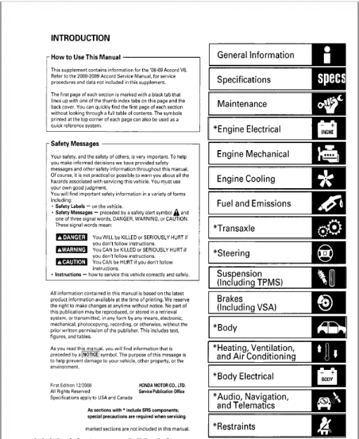 HONDA ACCORD 2008, 2009, 2010 Factory Repair Service Workshop Manual - Image 5