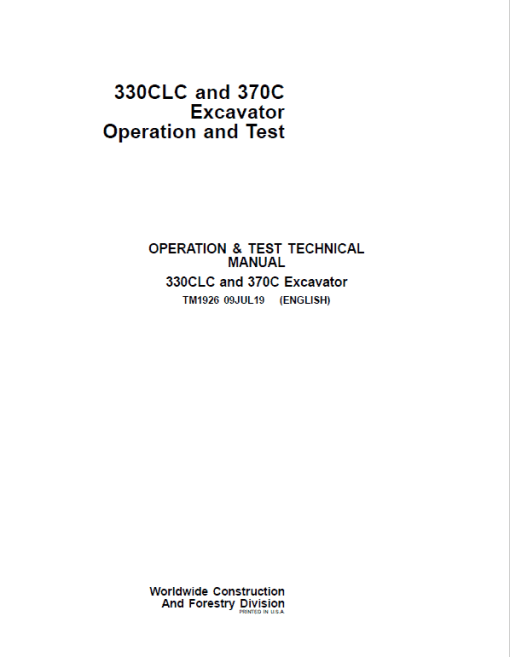 John Deere 330CLC, 370C Excavator Repair Technical Manual