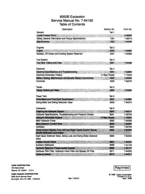 Case 9050B Excavator Service Manual