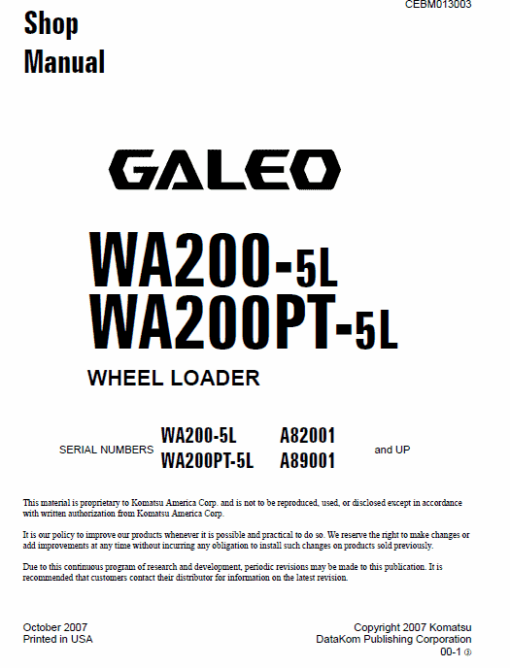 Komatsu WA200-5H, WA200PT-5L, WA200-5L, WA200-5 Loader Service Manual - Image 2