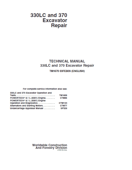 John Deere 330LC, 370 Excavator Repair Technical Manual