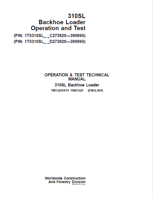 John Deere 310SL Backhoe Repair Technical Manual (S.N after C273920 & D273920 - 390995)