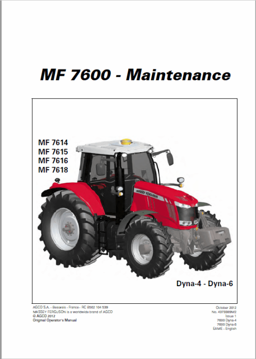 Massey Ferguson 7614, 7615, 7616, 7618 Tractor Service Manual