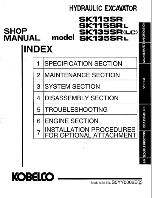 Kobelco SK115SR and SK135SR Excavator Service Manual