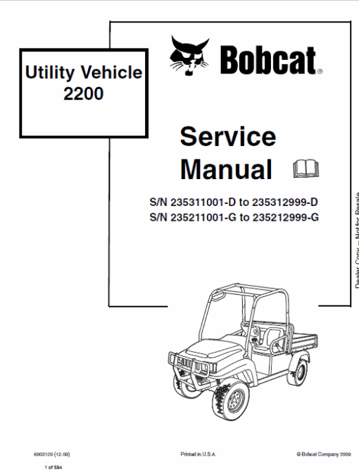 Bobcat 2200, 2200S, 2300 (G Series & D Series) Utility Vehicle Service Manual