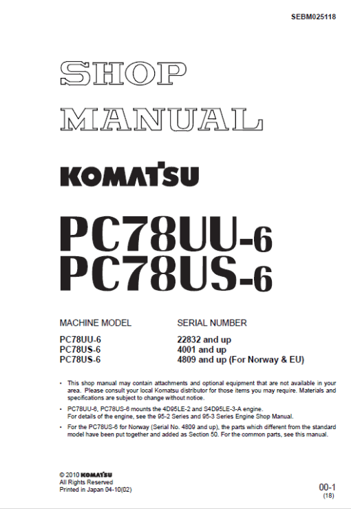 Komatsu PC78UU-6, PC78US-6 Excavator Service Manual