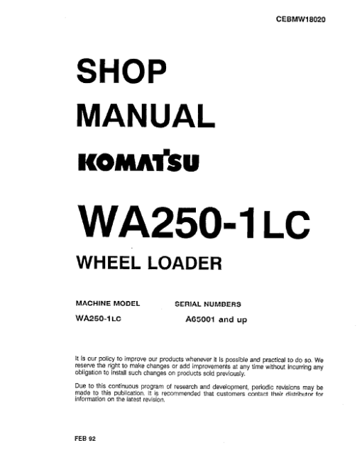 Komatsu WA250-1, WA250-1LC Wheel Loader Service Manual