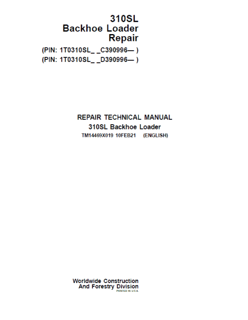 John Deere 310SL Backhoe Repair Technical Manual (S.N after C390996 & D390996 - )