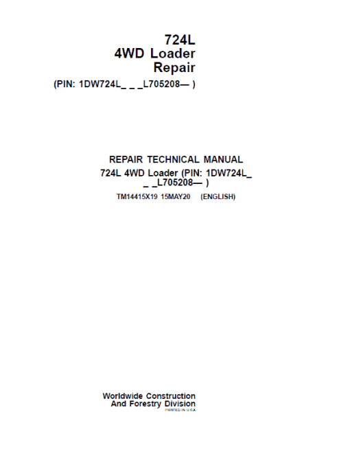 John Deere 724L 4WD Loader Repair Technical Manual (S.N L705208 - )